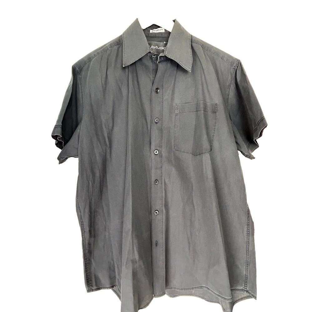 Substudio Shirt Mens Large Button Down Stretch Gray Cotton Spandex Short Sleeve